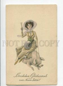 264883 NEW YEAR Lady FASHION in PIG Vintage postcard