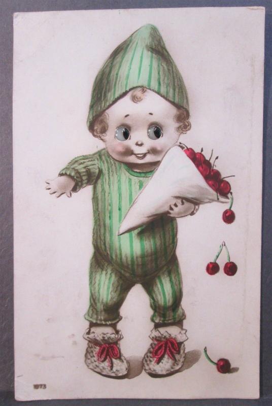 Postcard Hand Colored Glass Eyes Baby Holding Bag of Cherries c1920 Z1