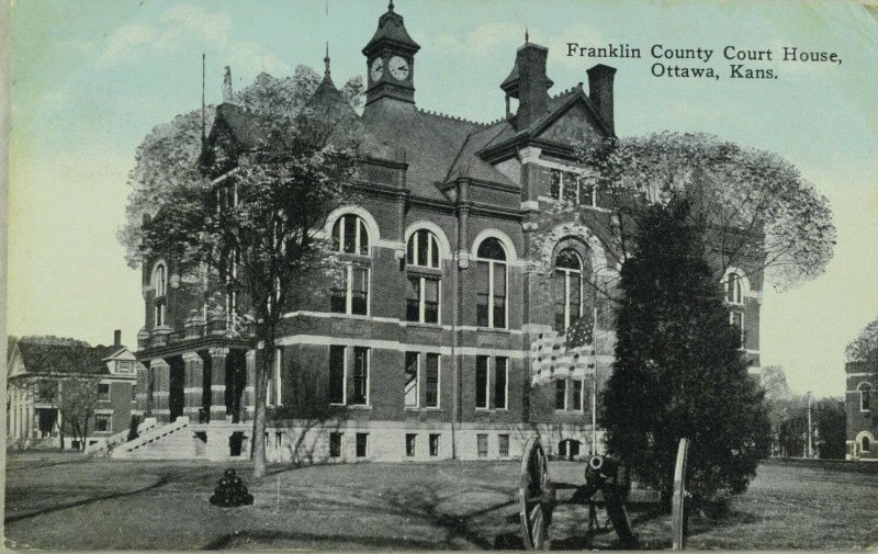 C. 1910 Franklin County Court House, Ottawa, Kans. Blue Sky Vintage Postcard F29