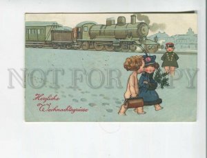 471933 XMAS Angel Kids TRAIN Railway Station NUDE ART DECO Vintage postcard