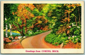 Generic Scenic Greetings From Comins Michigan MI Linen Postcard F14