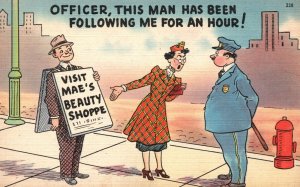 Old Woman Visit Mae's Beauty Shop Sign Cop Officer Comics Vintage Postcard c1930