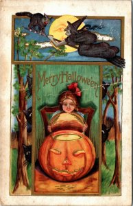 Postcard Halloween Girl Lifting Lid off JOL Witch Flying RARE Whitney ~1914 R1