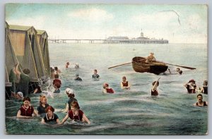 Postcard By Summer Seas Woman Swimming In Ocean Pier Old Swim Suits Bathing