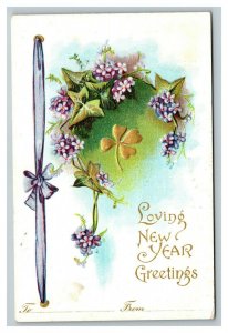 Vintage 1910's International Art New Years Postcard Gold 4 Leaf Clover & Flowers