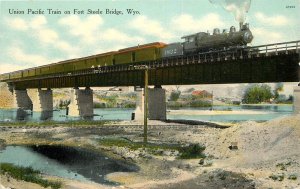 Postcard Wyoming Fort Steele Bridge Union Pacific Train Barklow Brothers 23-3300