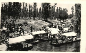 Vintage Postcard RPPC Photo Mexicans on Several Boats Gathering Mexico