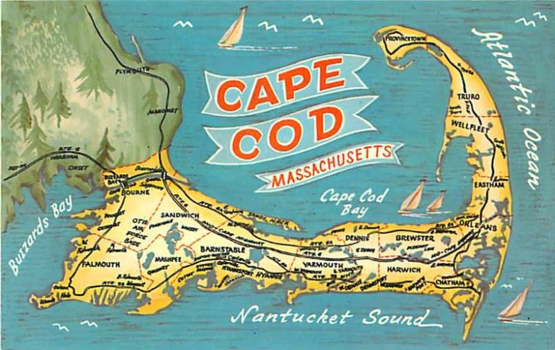 Cape Cod Massachusetts MA Map Chrome Postcard