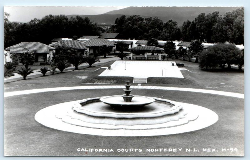 RPPC MONTERREY, Mexico ~ Fountain CALIFORNIA COURTS Hotel Motel 1940s Postcard