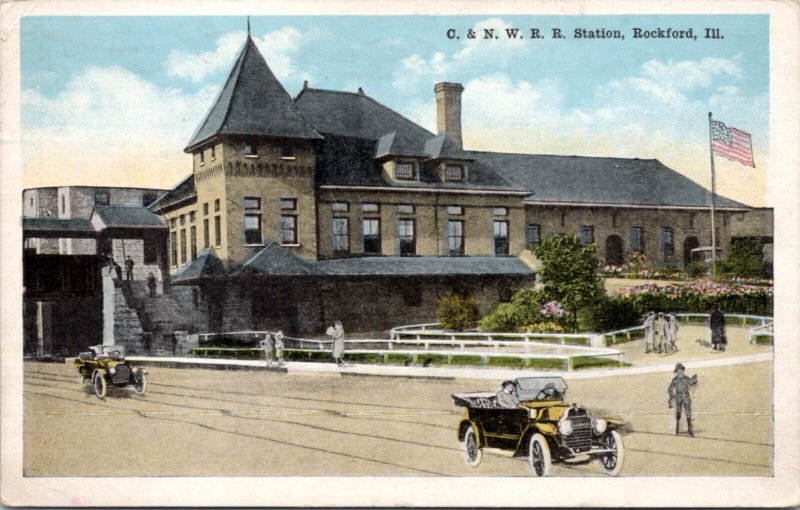 Postcard IL Rockford Train Station - Chicago & North Western C. & NW RR Station