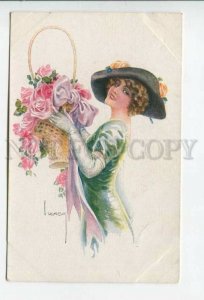 433898 FASHION Charming Lady ROSES Basket by USABAL Vintage ERKAL postcard