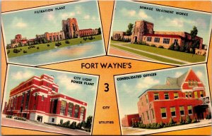 Postcard IN Fort Wayne LINEN Filtration & Power Plants Sewage Works 1940s S93