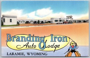 Vtg Laramie Wyoming WY Branding Iron Auto Lodge 1950s Artist Rendered Postcard