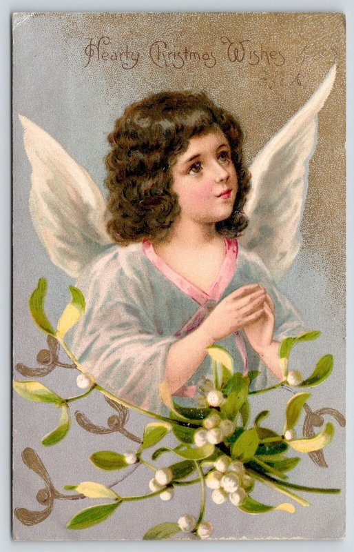 Christmas~Brown Eyed Brunette Angel Girl~Mistletoe~Silver Gold Back~1905