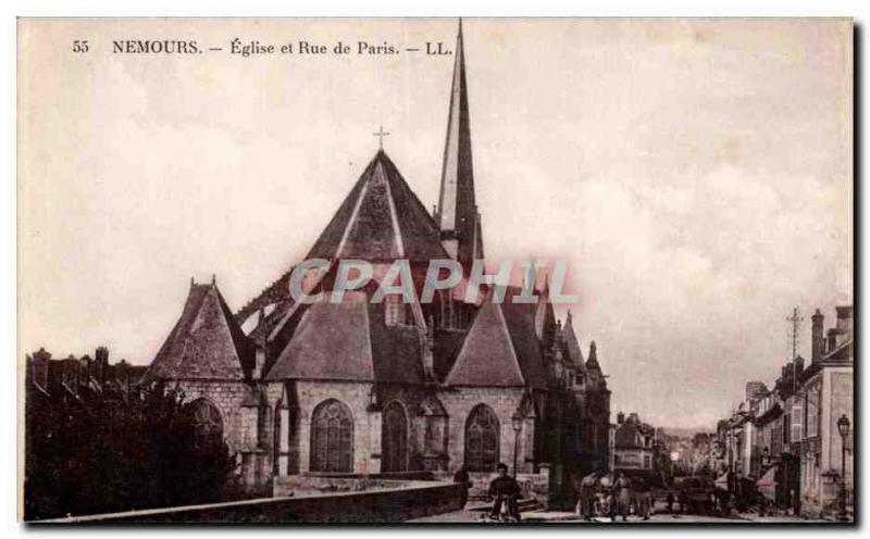 Nemours - Church and Rue de Paris - Old Postcard