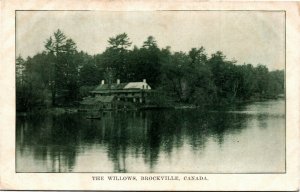 Postcard ON Brockville The Willows Big Cottage Boat House Man in Canoe 1910 K41