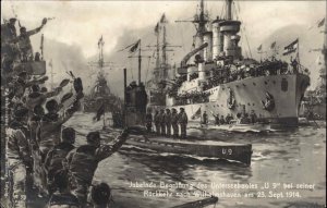 Wilhelmshaven German Ships WWI Submarine U.9 Battleship Art c1914 RPPC