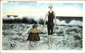 Body Humor Comic Tall Skinny Man Short Fat Woman at Beach  1920s-30sPostcard