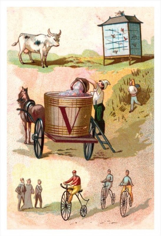 20406  Victorian Card, V initial on wagon, bicycles,  Bird cage