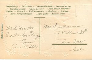 Embossed Easter Postcard Anthropomorphic Rabbit Artist Paints Egg Forget-me-Nots