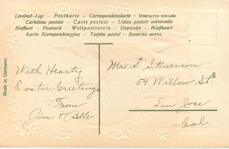 Embossed Easter Postcard Anthropomorphic Rabbit Artist Paints Egg Forget-me-Nots