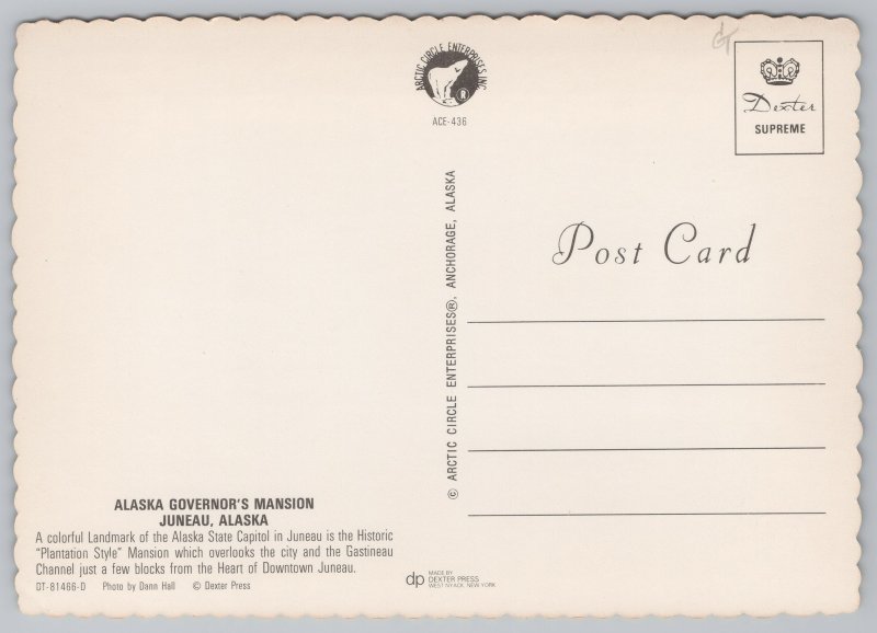 Juneau Alaska~Governor's Mansion~Continental Postcard