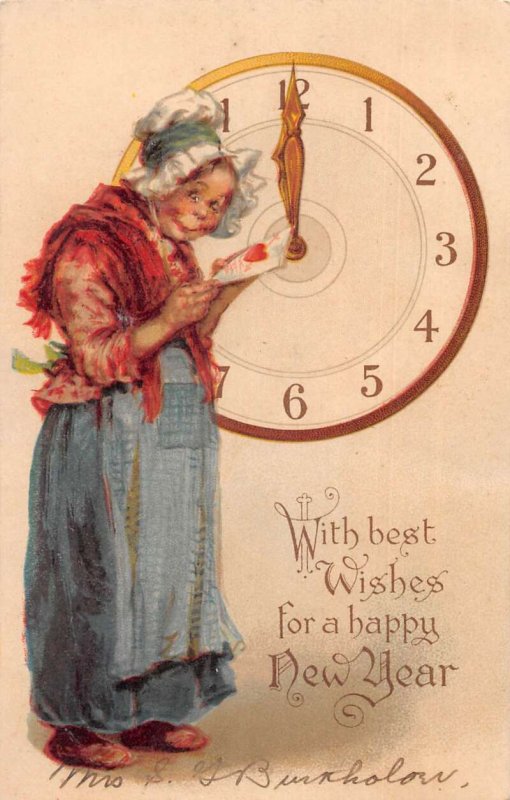 New Year Greetings Lady with Letter and Clock Brundage Tuck Postcard AA15278