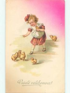 foreign Pre-Linen Easter CUTE CHICKS CHASED BY GIRL AB3810