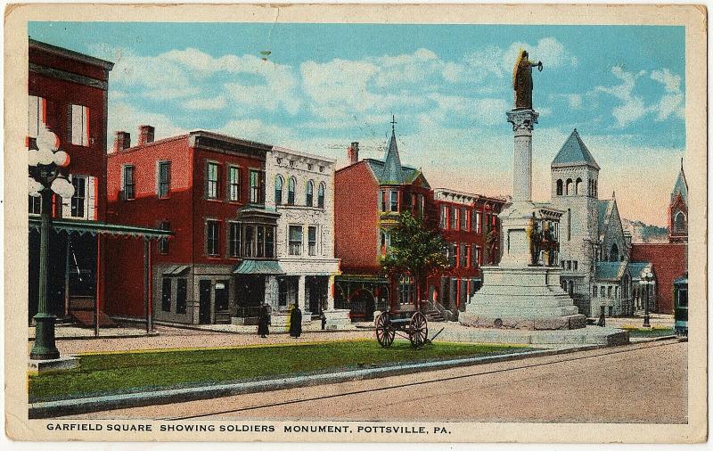 1922 Pottsville PA Garfield Square Showing Soldiers Monument Cannon WB Postcard