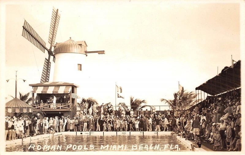 Miami Beach Florida Roman Pools, Windmill, Real Photo Vintage Postcard U8098