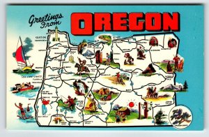 Postcard Greetings From Oregon Map Chrome State Flower Grape Boat Bikini Girl