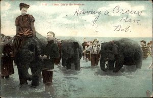 Circus Day People & Elephants in Water Mailed From Atlantic City c1910 Postcard