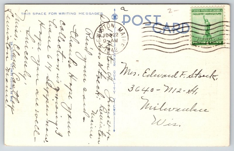 Augusta Maine~Coney High School~2nd -3rd Story Columns~Clock~1942 Linen Postcard