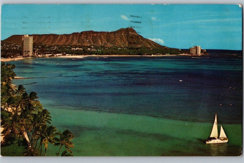 Diamond Head Volcano Waikiki Beach Blue Green Water HI Postcard