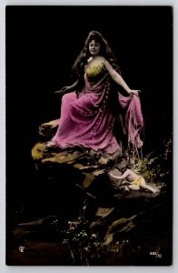 Fantasy RPPC Woodland Nymph on Rock Garden Fairy Painted Accents Postcard L35