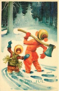 Artist Signed, Artelius, God Jul, Merry Christmas, Happy New Year, Boy with Axe