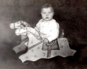 RPPC KRUXO 1910's-1920's BABY IN VINTAGE ANTIQUE ROCKING HOBBY HORSE TOY