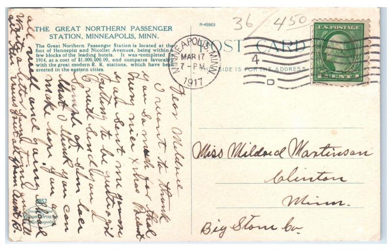 1917 Great Northern Depot, Minneapolis, MN Postcard