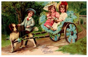 Dog , Victorian Girls pulled in cart