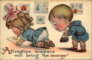 Drawers Pun Wordplay Little Boy Admires Little Girl's Underpants c1910 Postcard