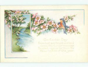 Unused Pre-Linen easter PAIR OF BEAUTIFUL BIRDS ON FLOWERING TREE BRANCH J1991