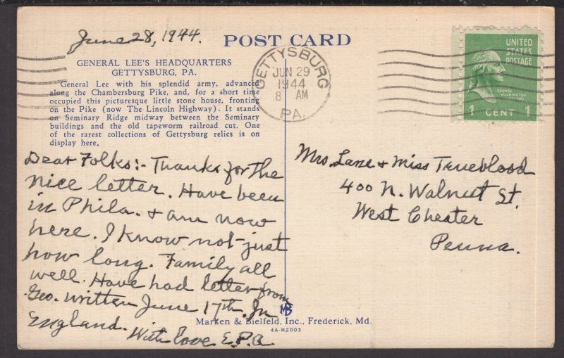 Pennsylvania Gettysburg - General Lee's Headquaters pm1944 - LINEN