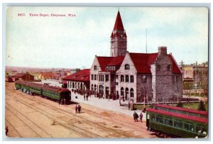 c1910's Union Depot Train Station Passenger Crowd Cheyenne Wyoming WY Postcard