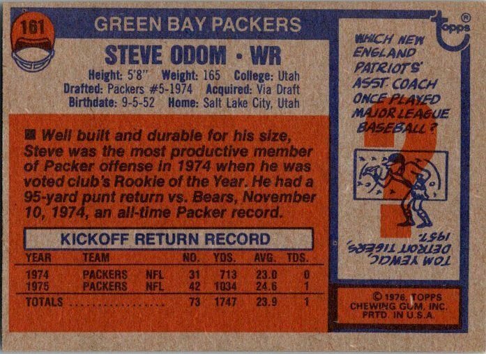 1976 Topps Football Card Steve Odom Green Bay Packers sk4361