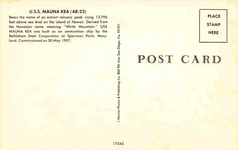 USS Mauna Kea AE-22 Ammunition Ship US Navy Ship chrome postcard