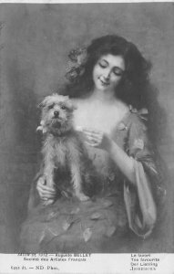 RPPC Girl & Dog Auguste Bellet Painting Salon de 1912 Art Vintage Postcard