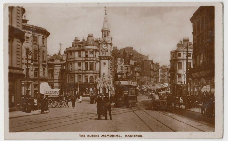 Sussex; The Albert Memorial, Hastings RP PPC 1924 PMK Note Tram & Horse Van 