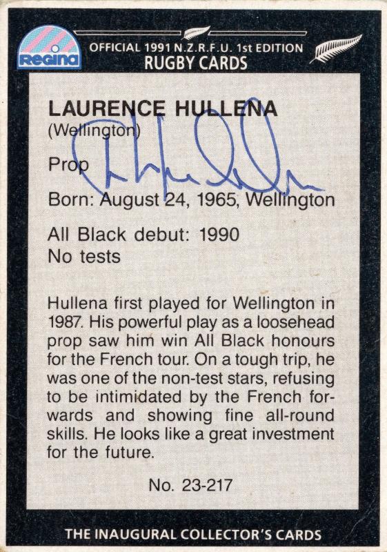 Laurence Hullena 1991 New Zealand Hand Signed Rugby Card Photo