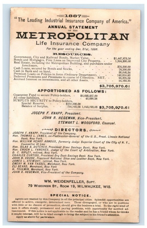 1887 Metropolitan Life Insurance Co. Annual Statement Lot Of 2 #6Z