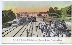 Petoskey MI G. R. I. Northland Lmtd Suburb Railroad Station Train Depot Postcard